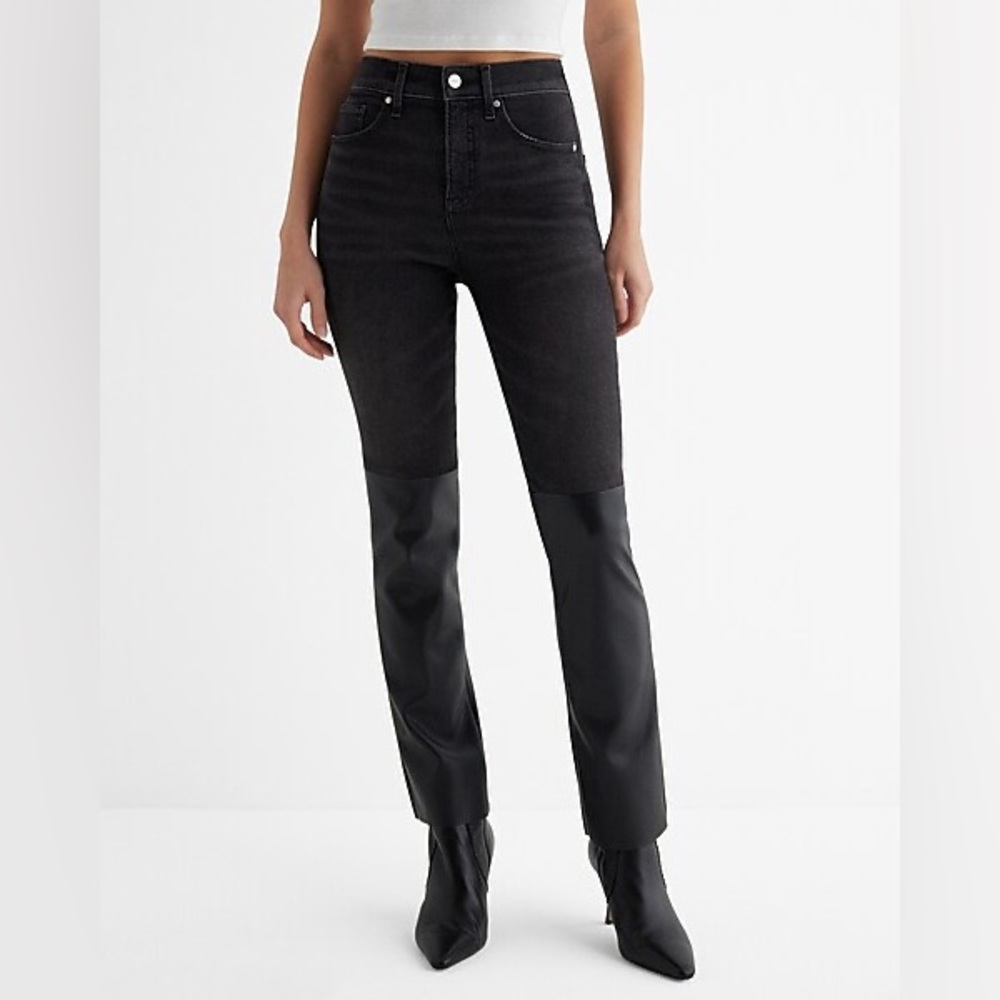 Express Super High Waisted Faux Leather Paneled '90s Slim Jeans